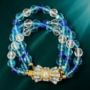 Vintage Blue Crystal Fancy Faux Pearl Rhinestone Clasp Triple Strand Bracelet